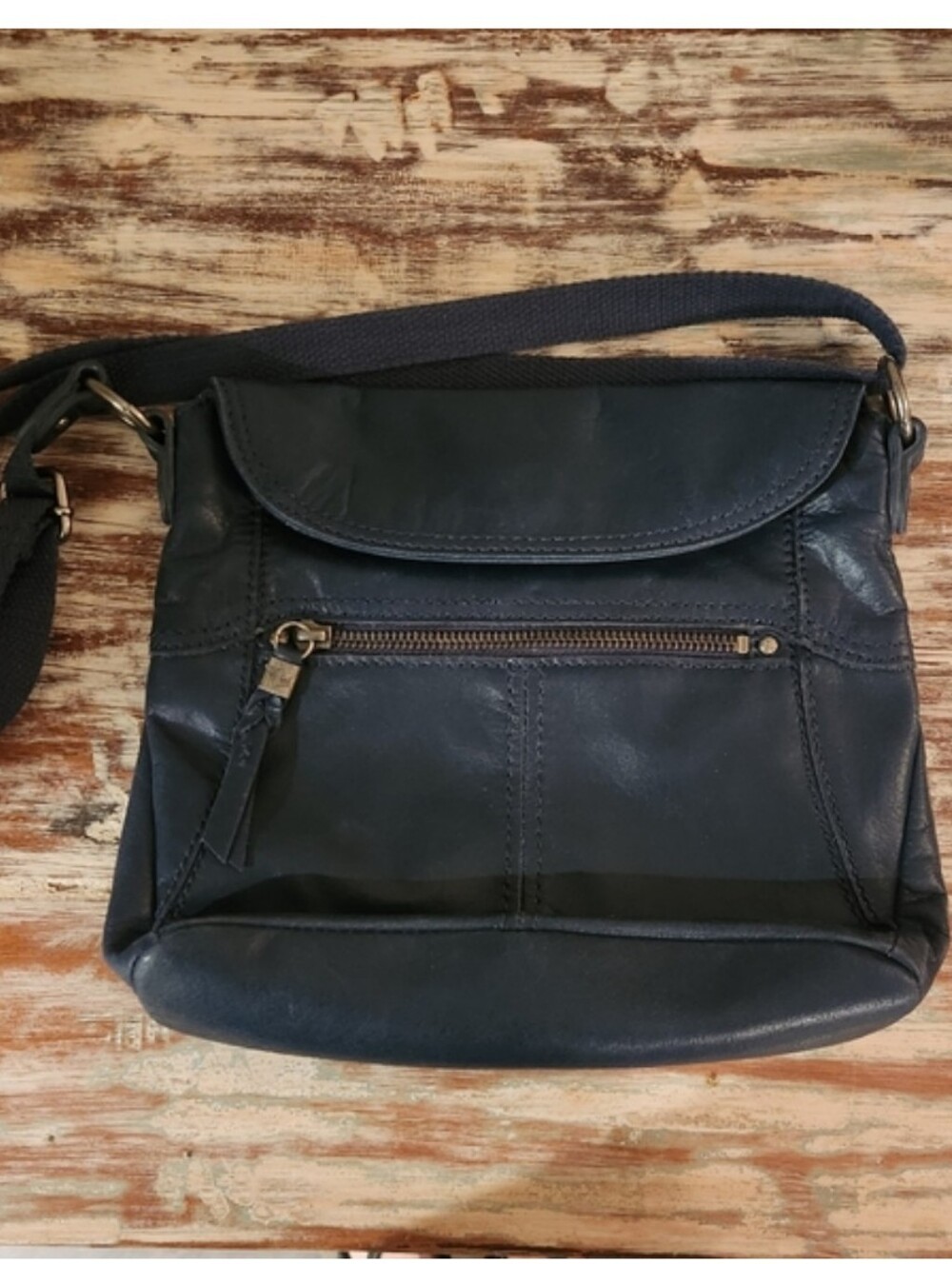 The Sak Leather Flap Crossbody Bag Navy Blue – Adjustable Strap